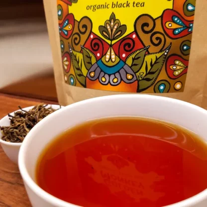 Organic black tea contains caffeine. Very smooth in the cup, can drink with or without milk.