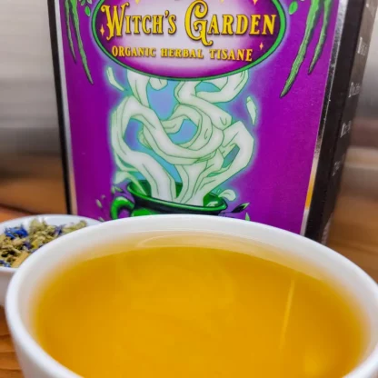 Witch's Garden is a half-caff hand blended all organic herbal tisane of Yerba Maté, Nettle, Spearmint, Moringa, Sage, Mugwort and Purple Cornflower