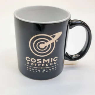 Cosmic Coffee Logo Mug. Black 11 ounce mug with screen printed metallic silver logo. Dishwasher safe.