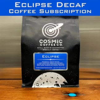 Decaffeinated seasonal espresso blend. Certified organic and fair trade, 100% Arabica coffees. Cupping notes: Aromas of toasty marshmallow, chocolate covered graham cracker and red ripe cherries. Flavors of rich dark chocolate coco dusted truffle with a juicy peach center.
