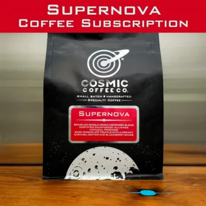 Supernova Espresso blend is a single origin certified Rain Forrest Alliance 100% Arabica blend from Brazil. Cupping notes: Aromas of buttery toast with a side of hot chocolate while sitting in your favorite old leather recliner. Flavors of Dark chocolate truffle with a creamy caramel center and blackberry sauce.